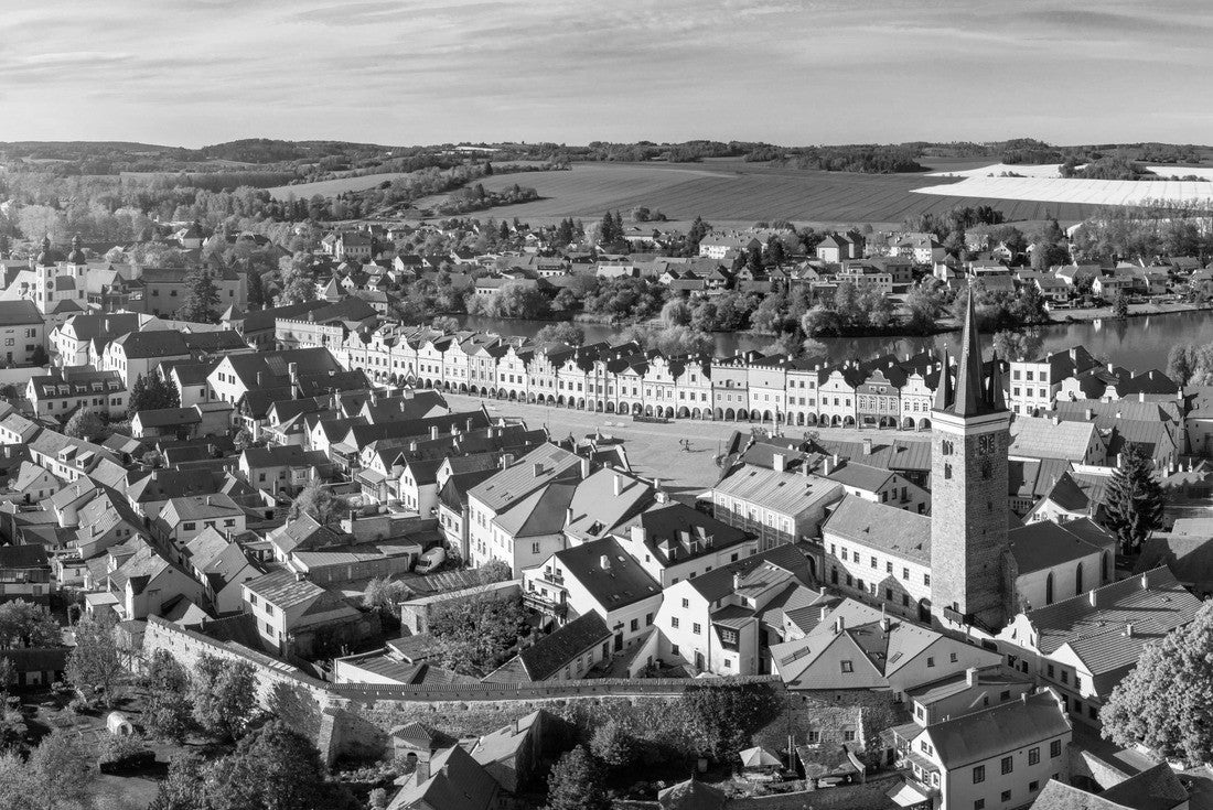 Aerial landscape of small Czech town of Telc with famous Main Square (UNESCO World Heritage Site). Aerial  old town Telc, Southern Moravia, Czechia. Historic center of Telc, Czech Republic 2000pc PuzzleBlack and White