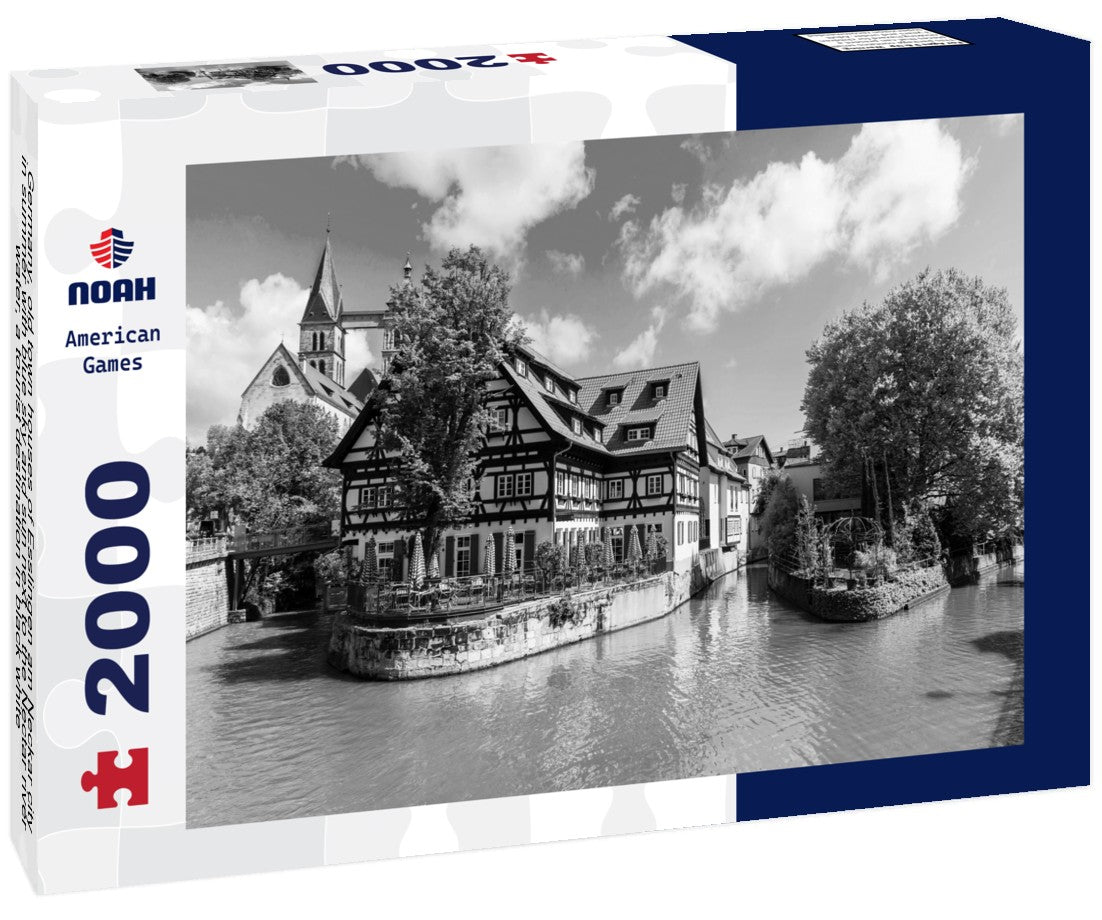 Noah Jigsaw Puzzle Germany, old town houses of Esslingen am Neckar city in summer with blue sky and sun next to the Nectar river water, a tourist destination in black white 2000 pieces
