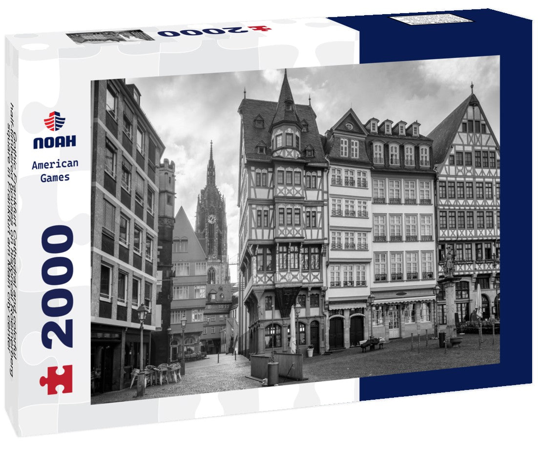 Noah Jigsaw Puzzle Gothic Frankfurt Cathedral and colorful half-timbered houses on historical Roemerberg square in Frankfurt am Main city center, Germany in black white 2000 pieces