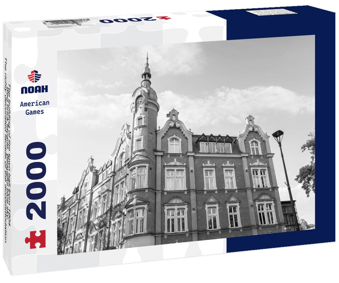 Noah Jigsaw Puzzle The building of the town hall from 1904. Red brick facade. Beautiful blue sky. The richly decorated facade of the accommodation house. Siemianowice Slaskie, Poland in black white 2000 pieces