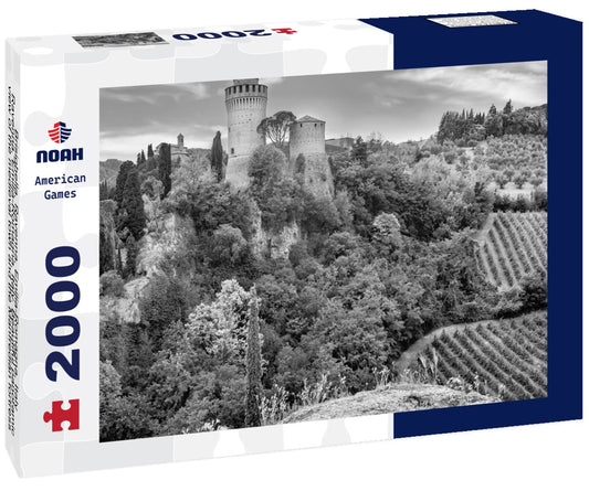 Noah Jigsaw Puzzle Brisighella, Ravenna, Emilia-Romagna, Italy, Ravenna, Emilia-Romagna, Italy. Beautiful panoramic view of the medieval town and the Manfredian fortress with clock tower in black white 2000 pieces