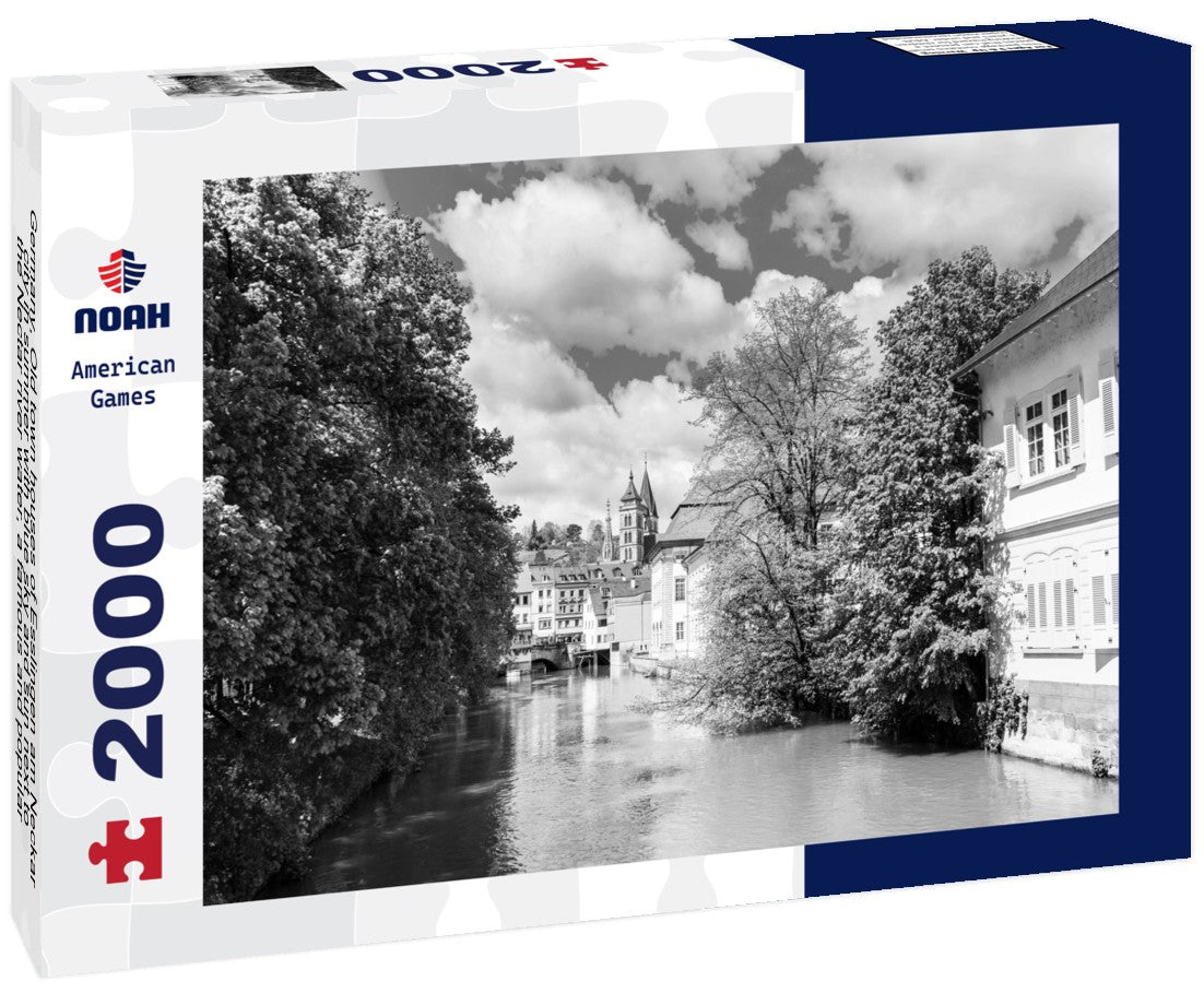 Noah Jigsaw Puzzle Germany, Old town houses of Esslingen am Neckar city in summer with blue sky and sun next to the Nectar river water, a famous and popular tourist destination in black white 2000 pieces
