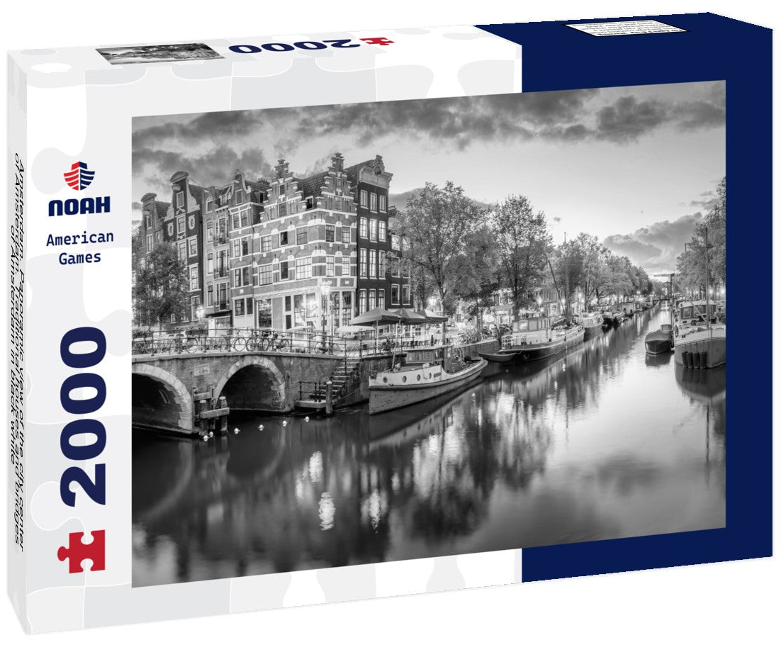 Noah Jigsaw Puzzle Amsterdam. Panoramic view of the city center of Amsterdam. Traditional houses and bridges of Amsterdam in black white 2000 pieces