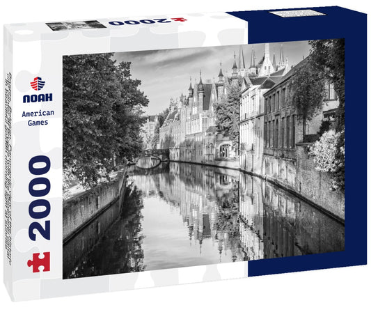 Noah Jigsaw Puzzle Bruges, Belgium. Panoramic view of the historic city center of Brugge with the Groenerei canal in beautiful golden morning light at sunrise, province of West Flanders in black white 2000 pieces