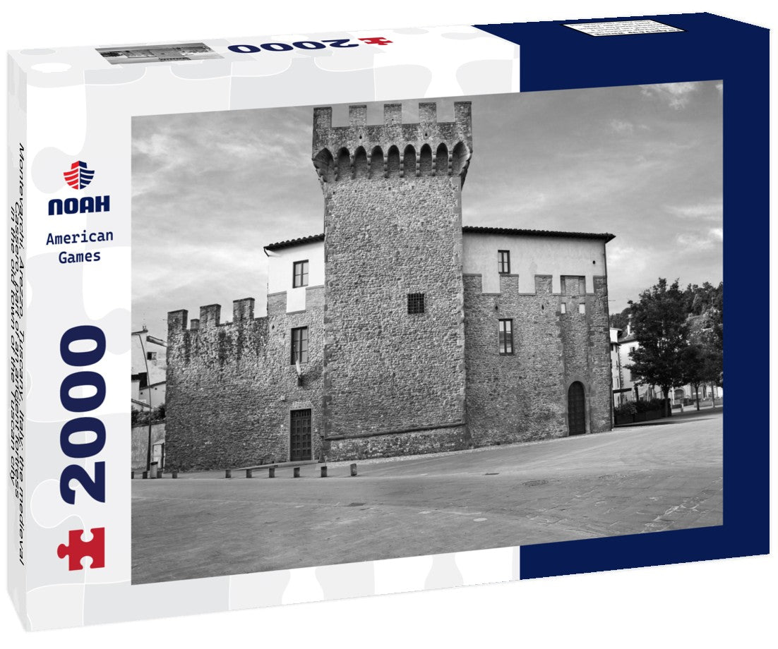 Noah Jigsaw Puzzle Montevarchi, Arezzo, Tuscany, Italy: the medieval Cassero, part of an ancient fortress, in the old town of the Tuscan city, now houses the sculpture museum in black white 2000 pieces
