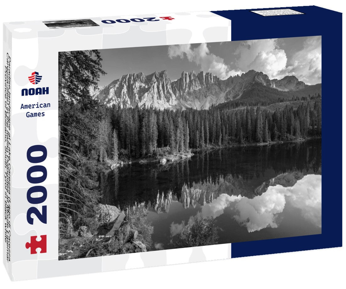 Noah Jigsaw Puzzle Paradise landscape at Lake Carezza (Lago di Carezza, Carezza-See) in the Italian Dolomites at Monte Latemar, Province of Bolzano, South Tyrol in black white 2000 pieces