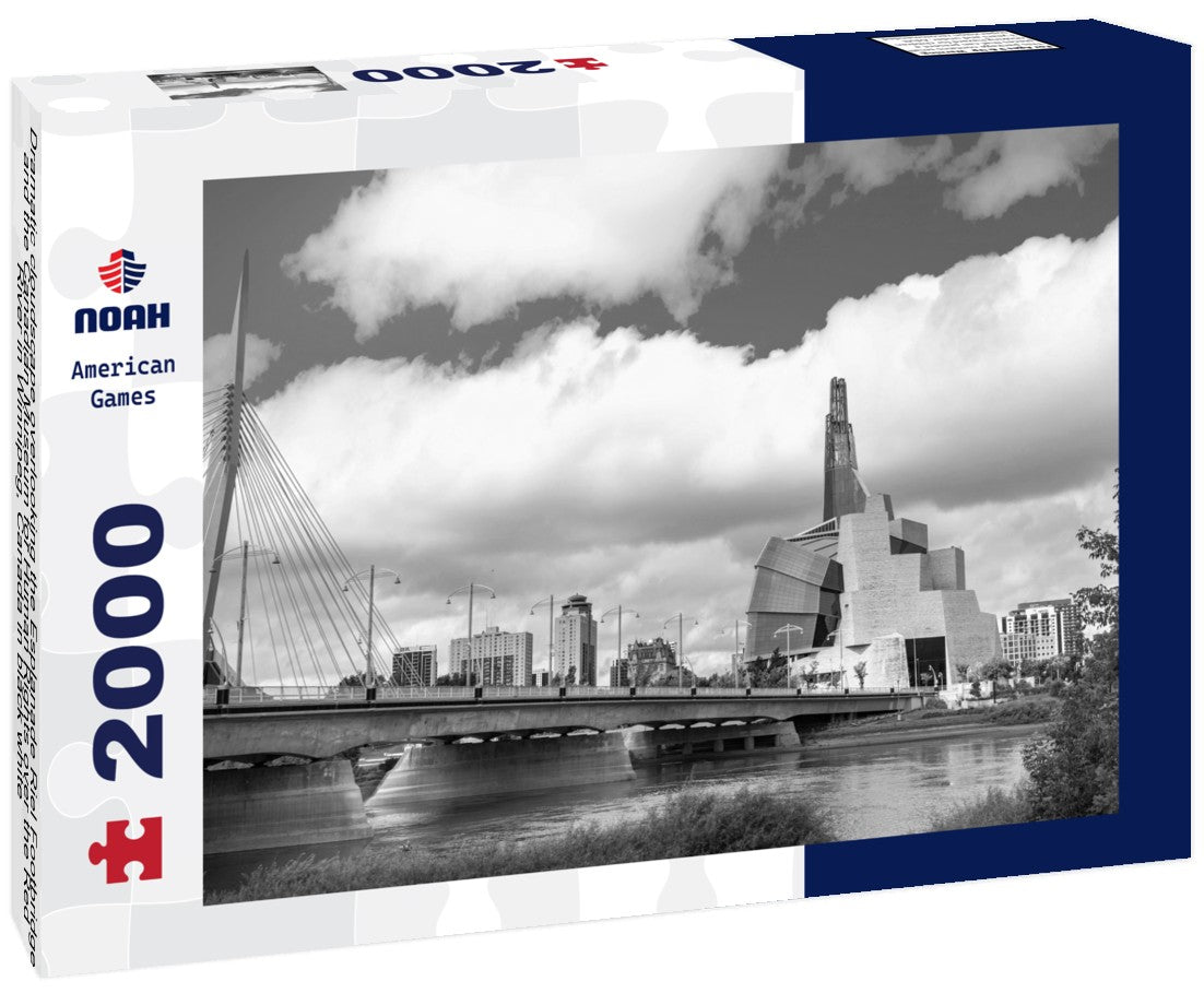 Noah Jigsaw Puzzle Dramatic cloudscape overlooking the Esplanade Riel Footbridge and the Canadian Museum for Human Rights over the Red River in Winnipeg, Canada in black white 2000 pieces