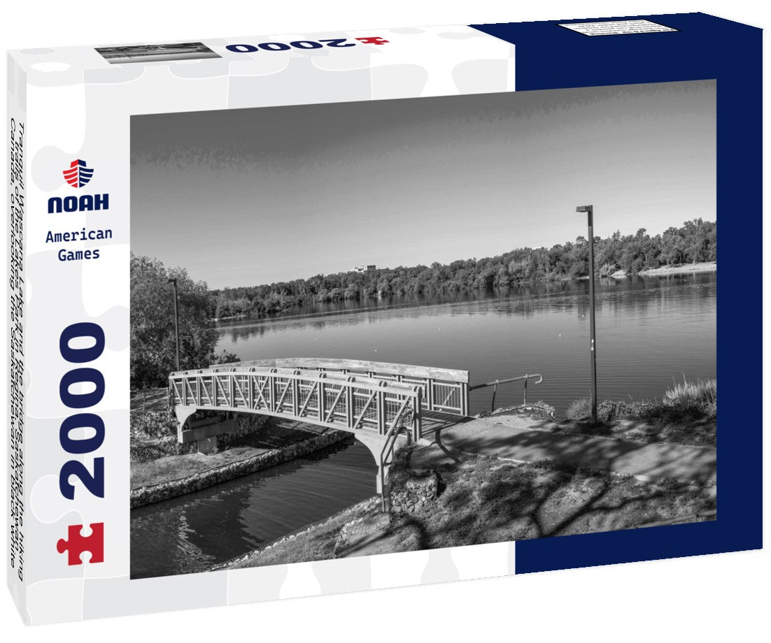 Noah Jigsaw Puzzle Tranquil Wascana Lake and the bridge along the hiking trails of the Lakes Park in Regina, Saskatchewan, Canada, overlooking the Saskatchewan in black white 2000 pieces