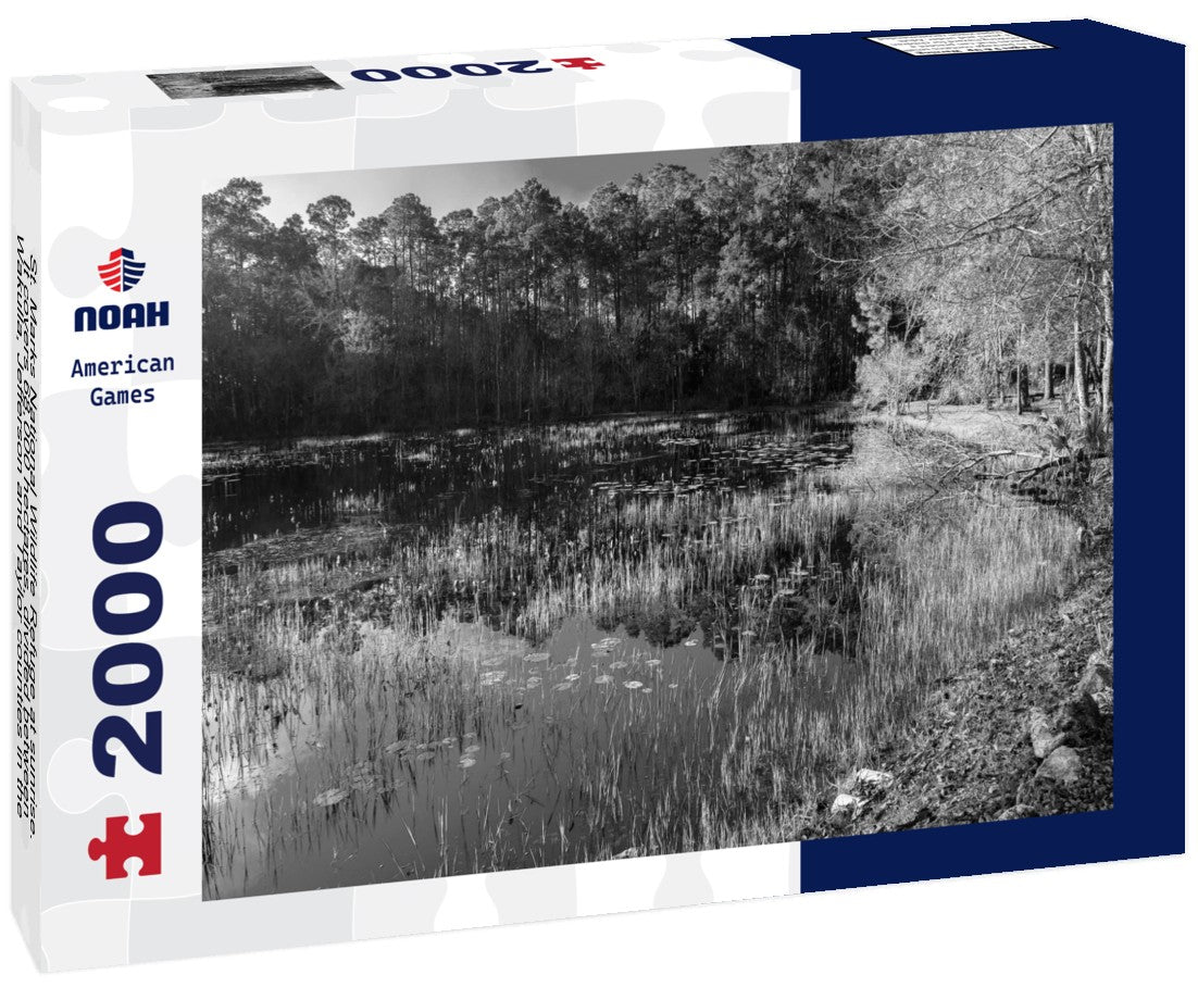 Noah Jigsaw Puzzle St. Marks National Wildlife Refuge at sunrise. It covers 68,000 hectares, divided between Wakulla, Jefferson and Taylor counties in the state of Florida in black white 2000 pieces
