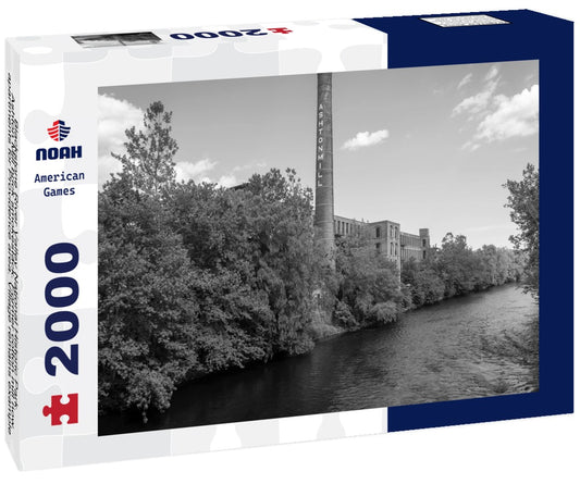 Noah Jigsaw Puzzle Blackstone River Valley National Historic Park. Ashton Mill brick smokestack. Former cotton mill now apartments for Providence area. Village remains example of a Rhode Island System mill village in black white 2000 pieces