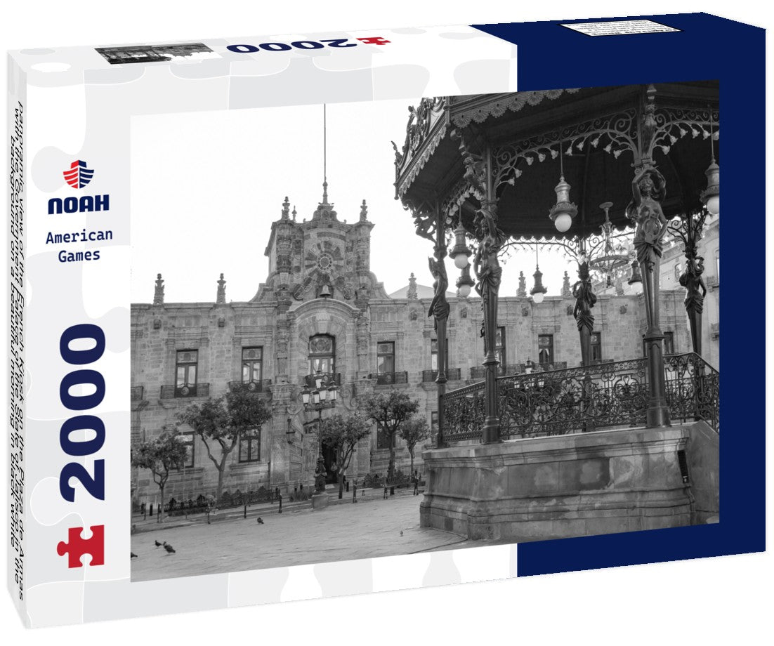Noah Jigsaw Puzzle panoramic view of the French Kiosk on the Plaza de Armas with the Government Palace of the State of Jalisco in the background on a beautiful morning in black white 2000 pieces