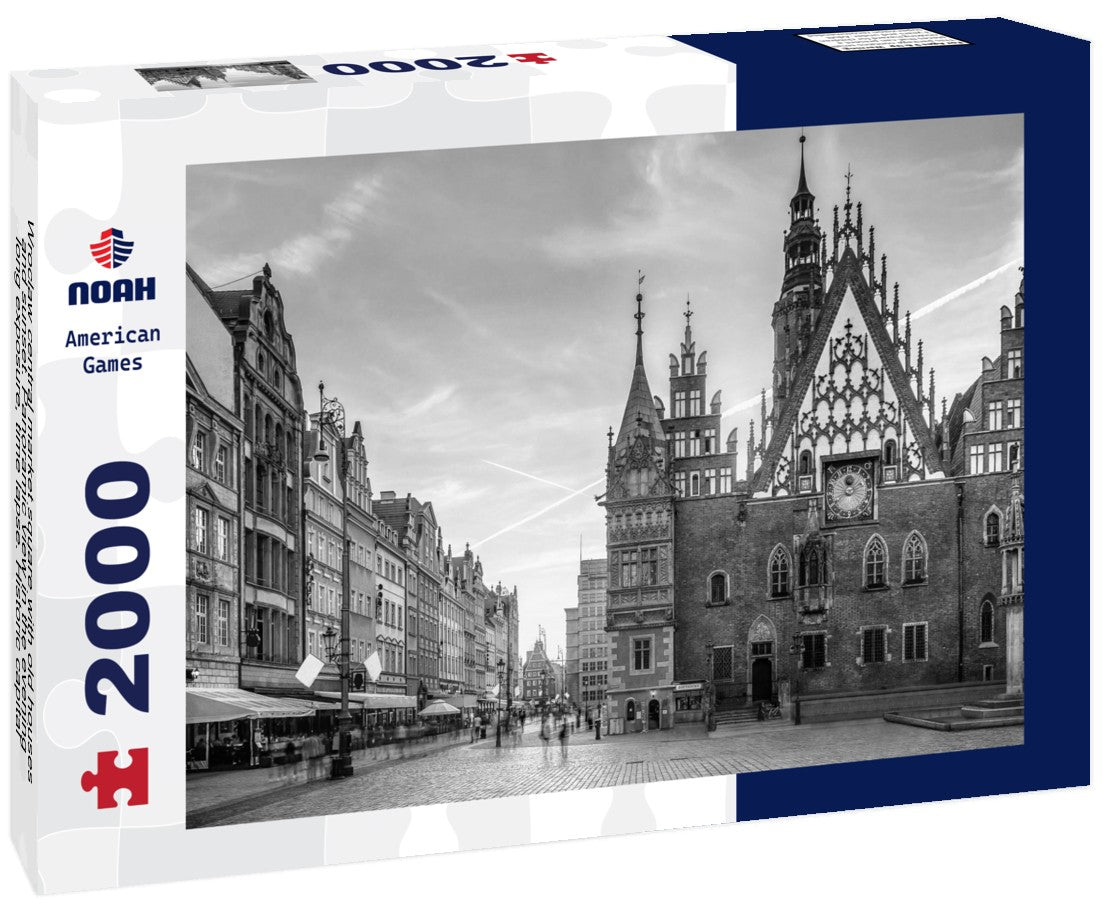 Noah Jigsaw Puzzle Wroclaw central market square with old houses and sunset. Panoramic view in the evening, long exposure, time lapse. Historic capital of Silesia, Wroclaw, Poland in black white 2000 pieces