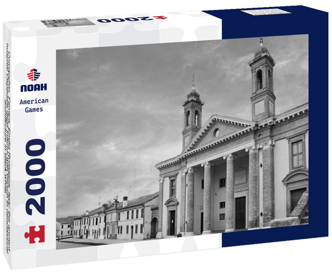 Noah Jigsaw Puzzle Comacchio, Ferrara, Emilia Romagna, Italy: the ancient hospital Ospedale degli Infermi with church in neoclassical architecture in black white 2000 pieces