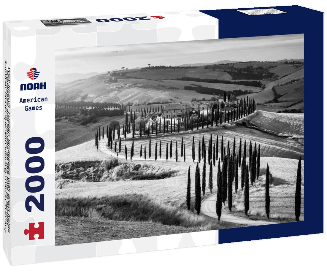 Noah Jigsaw Puzzle Well-known Tuscan landscape with grain fields, cypresses and houses on the hills at sunset. Summer landscape with winding road in Tuscany, Italy in black white 2000 pieces