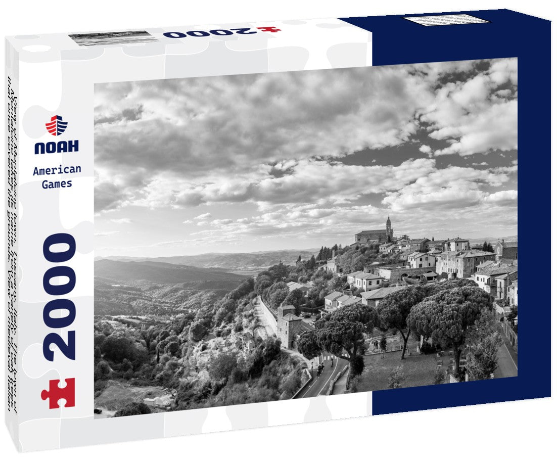 Noah Jigsaw Puzzle View of Montalcino town, Tuscany, Italy. The town of Montalcino takes its name from a variety of oak trees that once covered the grounds. View of medieval Italian town of Montalcino. Tuscany in black white 2000 pieces