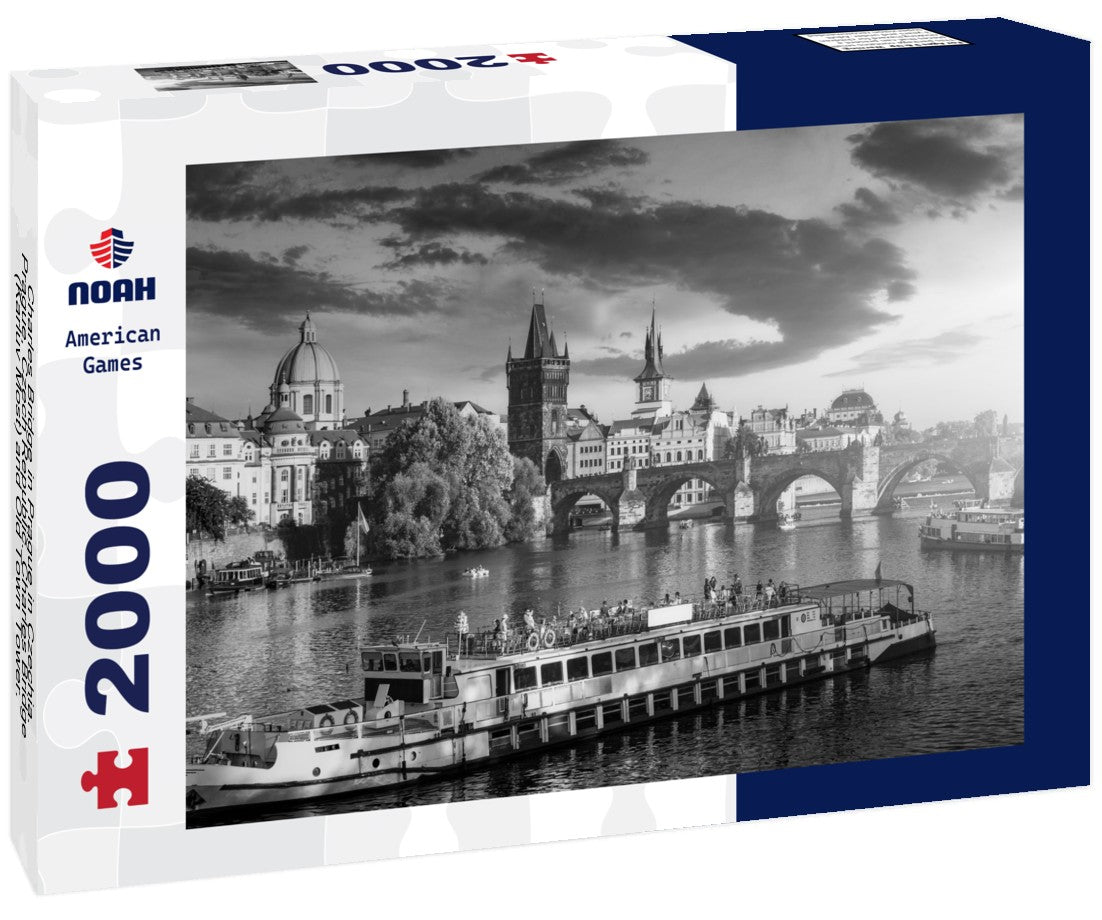 Noah Jigsaw Puzzle Charles Bridge in Prague in Czechia. Prague, Czech Republic. Charles Bridge (Karluv Most) and Old Town Tower. Vltava River and Charles Bridge in black white 2000 pieces