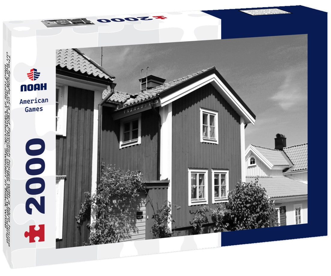Noah Jigsaw Puzzle The facade of a red Swedish house with a blue house on the left and yellow houses on the right with orange tiled roofs in Västervik, Sweden in black white 2000 pieces