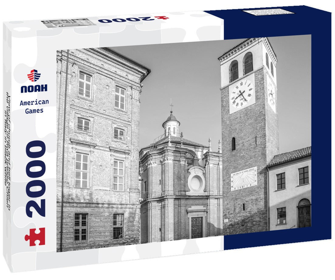 Noah Jigsaw Puzzle View of church and bell tower in the village of Riva presso Chieri in Italy in black white 2000 pieces