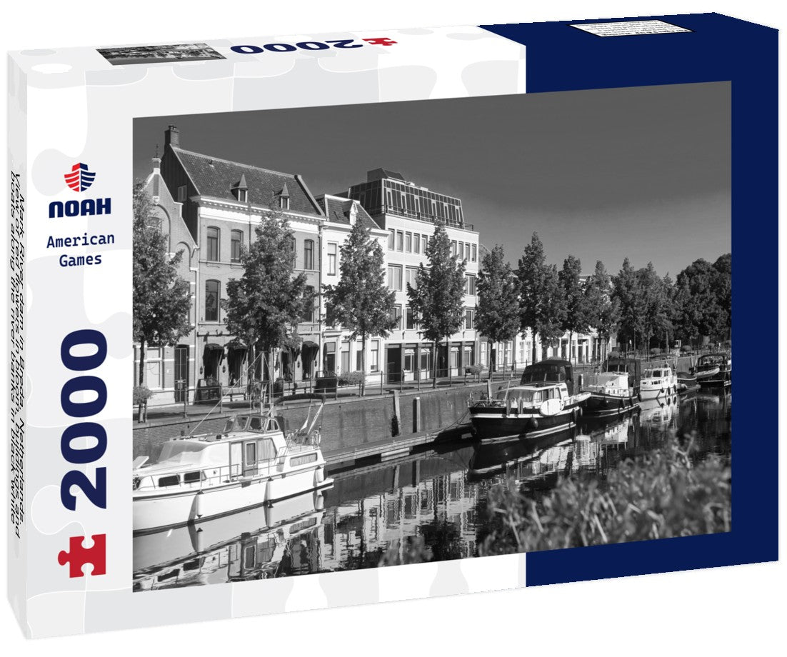 Noah Jigsaw Puzzle Mark River dam in Breda, Netherlands. View of red flowers in bloom, buildings and boats along the river banks in black white 2000 pieces