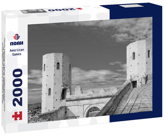 Noah Jigsaw Puzzle Porta Venere (Venus' Gate) ancient ruins in Spello with its beautiful twin, dodecagonal towers in black white 2000 pieces
