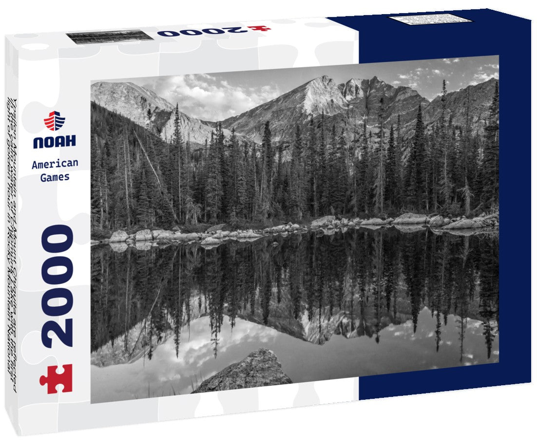 Noah Jigsaw Puzzle Ypsilon Mountain and Mount Chiquita are reflected in the calm water of Chipmunk Lake with the first light of golden hour in Rocky Mountain National Park, Colorado in black white 2000 pieces