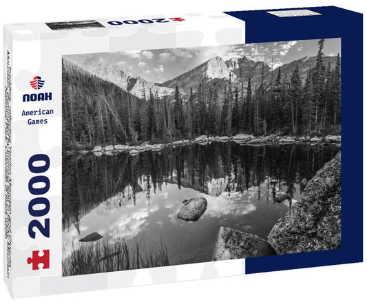 Noah Jigsaw Puzzle boulders, reflecting Ypsilon Mountain and Chiquita Mountain, illuminated by morning light in Rocky Mountain National Park, Colorado in black white 2000 pieces