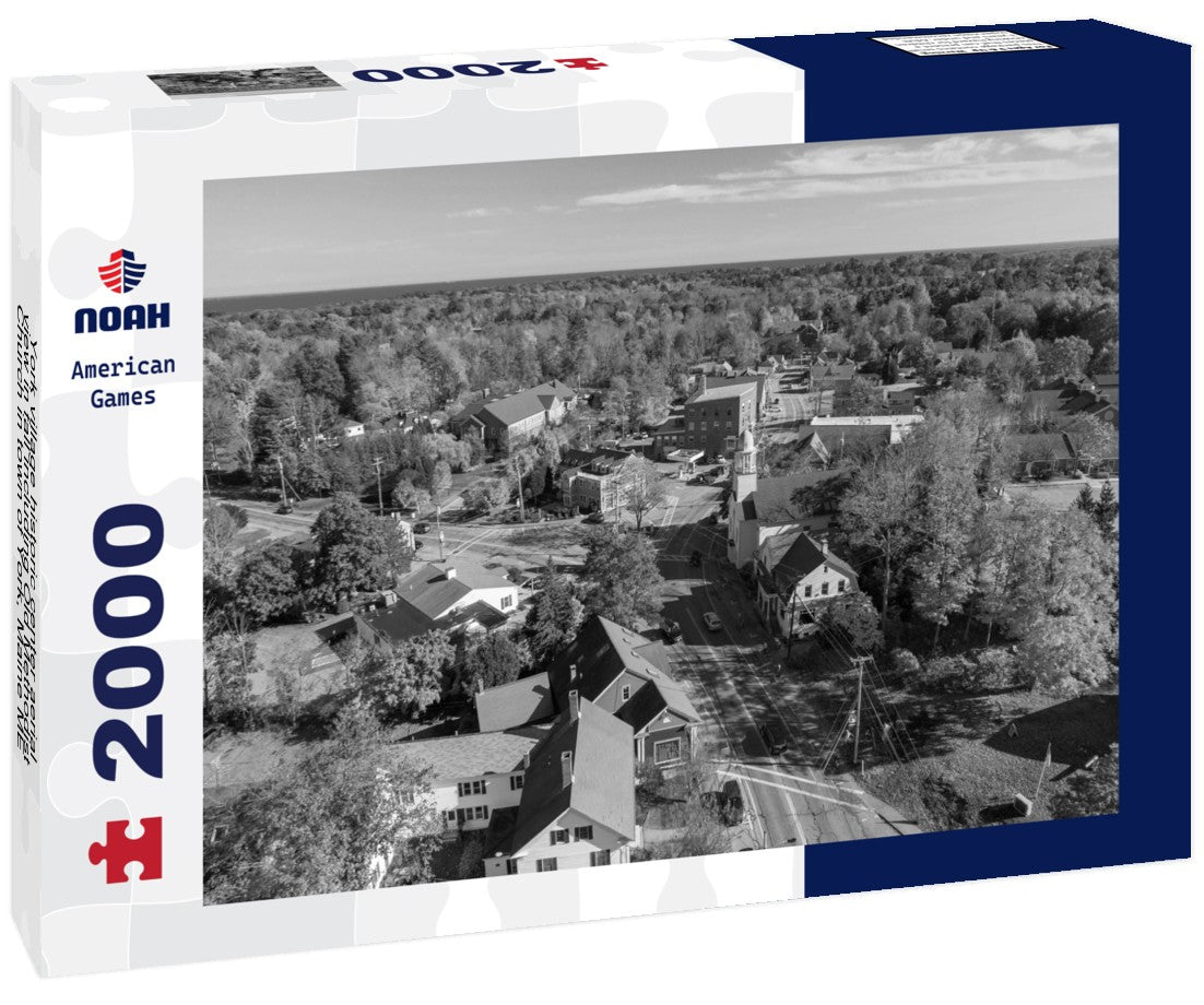 Noah Jigsaw Puzzle York village historic center aerial view in fall including Old Methodist Church in town of York, Maine ME in black white 2000 pieces