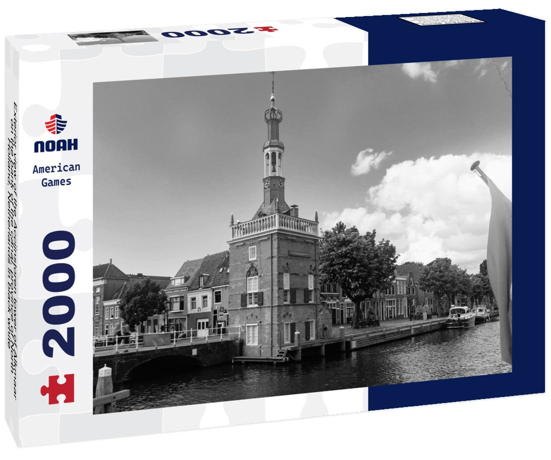 Noah Jigsaw Puzzle Exterior view of the Accijnstoren tower of Alkmaar on the bank of the canal, province of North Holland, Netherlands in black white 2000 pieces