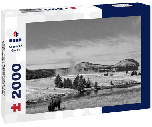 Noah Jigsaw Puzzle Yellowstone National Park, USA, Bison, buffalo, Steam, Old Faithful, Yellowstone River in black white 2000 pieces