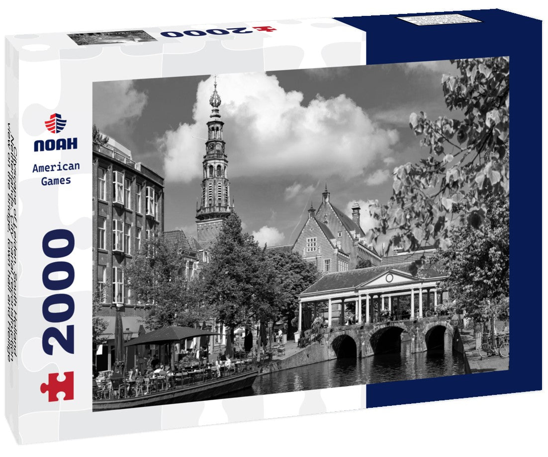 Noah Jigsaw Puzzle Cityscape of Leiden, South Holland, Netherlands. City canal reconstruction, view on the bridge, town hall and Heilige Lodewijkkerk (St. Louis church) in black white 2000 pieces