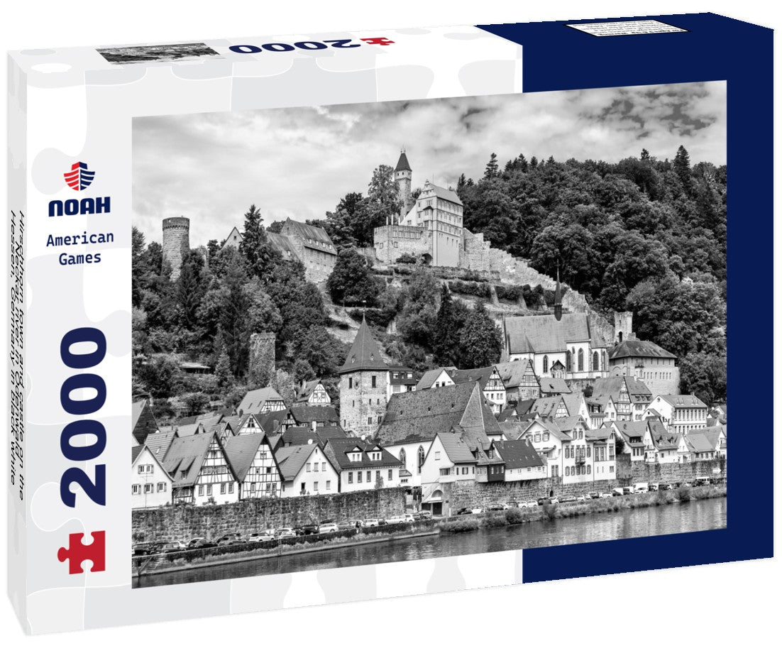 Hirschhorn town and castle on the Neckar river in Odenwald - Hessen, Germany 2000pc PuzzleBlack and White