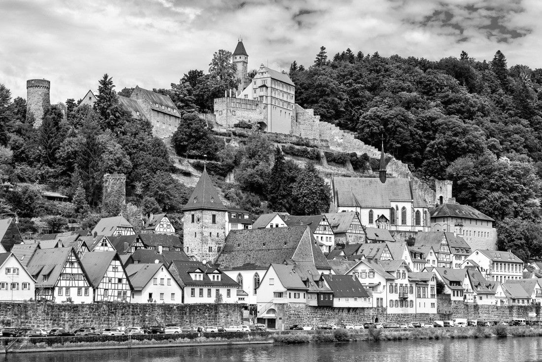 Hirschhorn town and castle on the Neckar river in Odenwald - Hessen, Germany 2000pc PuzzleBlack and White