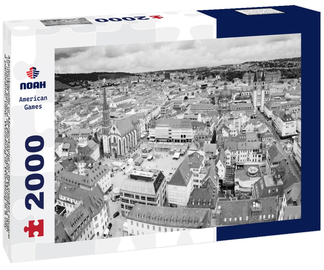 Noah Jigsaw Puzzle Marienkapelle or Marienkirche on the market square or market square in the old town of Wurzburg with a panoramic view. Wurzburg or Würzburg is a city in the region of Bavaria in black white 2000 pieces