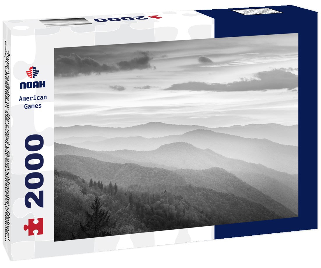 Noah Jigsaw Puzzle Amazing Autumn Sunrise In Smoky Mountain National Park. Located in the Great Smoky Mountain National Park, Oconaluftee Overlook near Newfound Gap between Gatlinburg TN and Cherokee NC in black white 2000 pieces