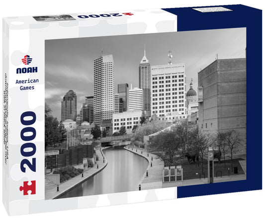 Noah Jigsaw Puzzle Indianapolis, Indiana, USA downtown skyline over the river walk in black white 2000 pieces