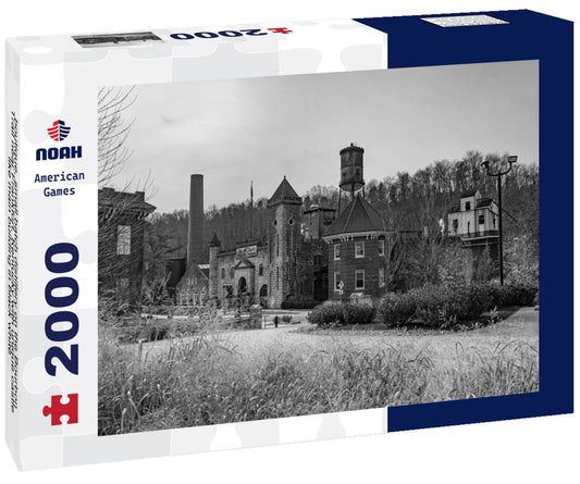 Noah Jigsaw Puzzle boutique, small batch distillery on the Bourbon Trail near Frankfort, Kentucky with unique castle-like main building in black white 2000 pieces