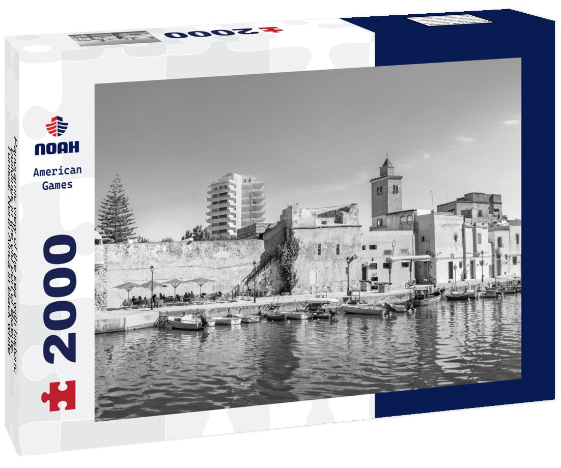 Noah Jigsaw Puzzle Panoramic view of the sea with historic buildings in the old port of Bizerte. Tunisia, North Africa in black white 2000 pieces