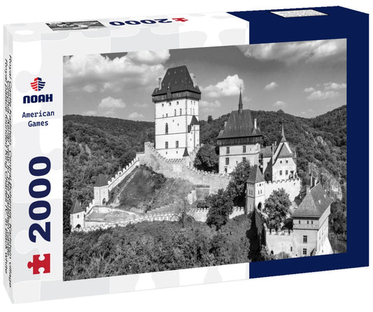 Noah Jigsaw Puzzle Royal Castle Karlstejn. Central Bohemia, Karlstejn village, Czechia. Aerial view to The Karlstejn castle. Royal palace founded King Charles IV. in black white 2000 pieces