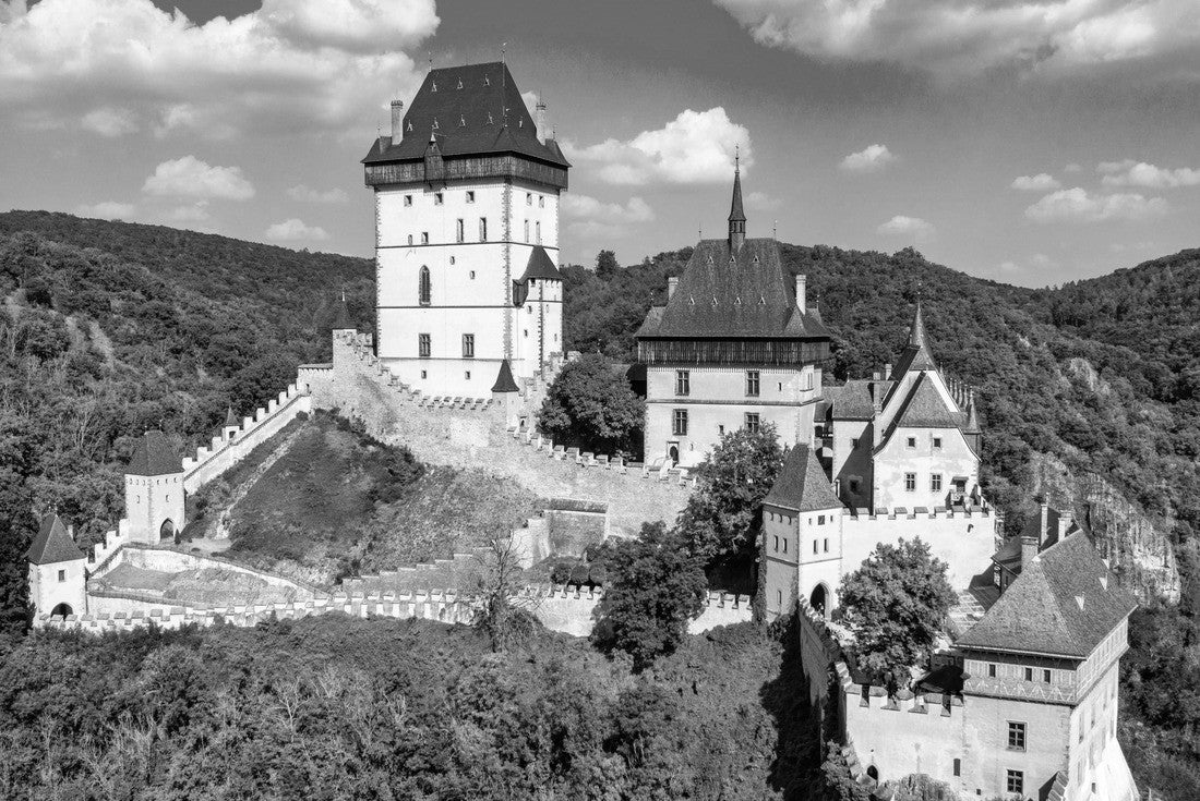 Noah Jigsaw Puzzle Royal Castle Karlstejn. Central Bohemia, Karlstejn village, Czechia. Aerial view to The Karlstejn castle. Royal palace founded King Charles IV. in black white 2000 pieces