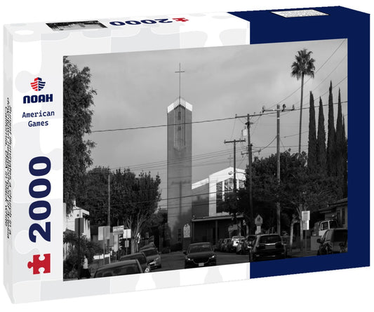 Noah Jigsaw Puzzle Sunset illuminates a church in a downtown neighborhood of Artesia, California, USA in black white 2000 pieces