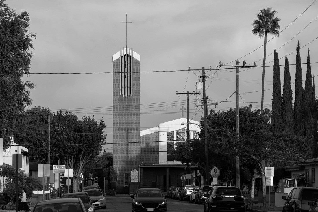 Noah Jigsaw Puzzle Sunset illuminates a church in a downtown neighborhood of Artesia, California, USA in black white 2000 pieces