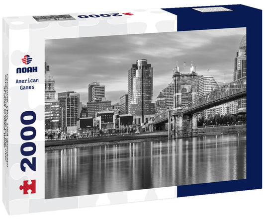 Noah Jigsaw Puzzle Cincinnati, Ohio, USA downtown skyline and bridge on the river at dusk in black white 2000 pieces
