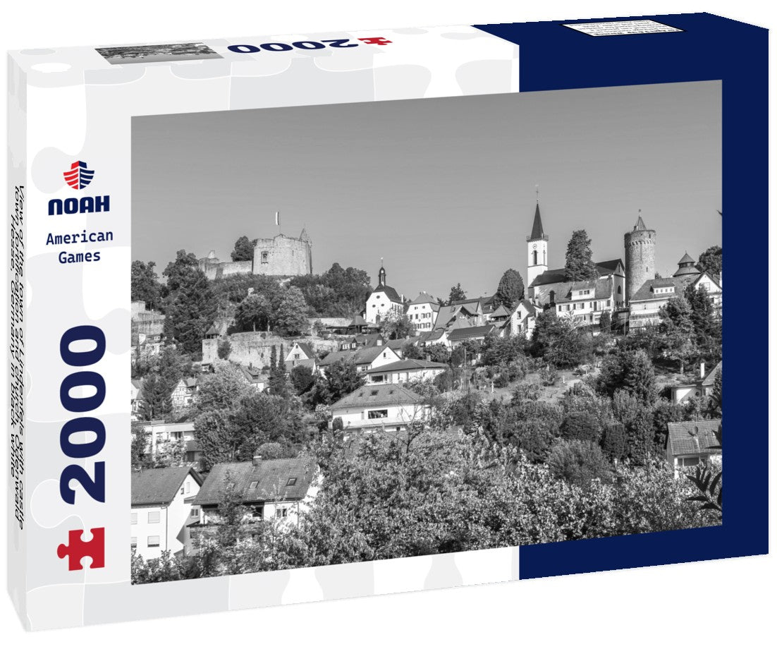 the town of Lindenfels with castle, town fortification and church, Odenwald, Hesse, Germany 2000pc PuzzleBlack and White
