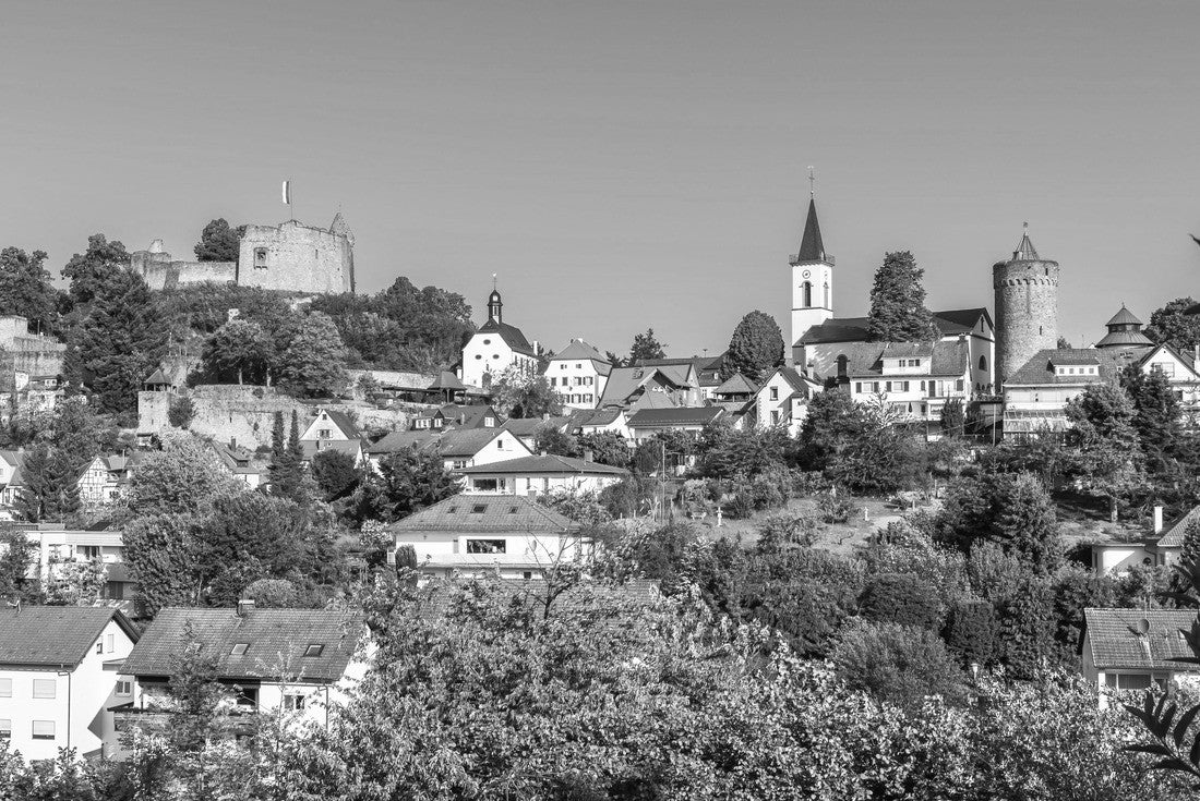 the town of Lindenfels with castle, town fortification and church, Odenwald, Hesse, Germany 2000pc PuzzleBlack and White