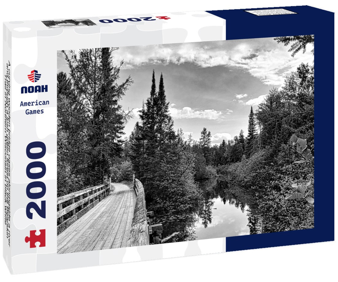 Noah Jigsaw Puzzle A curving wooden bridge oases alonmgside a river and through a lush green forest on the Bearskin Trail in Northern Wisconsin in black white 2000 pieces