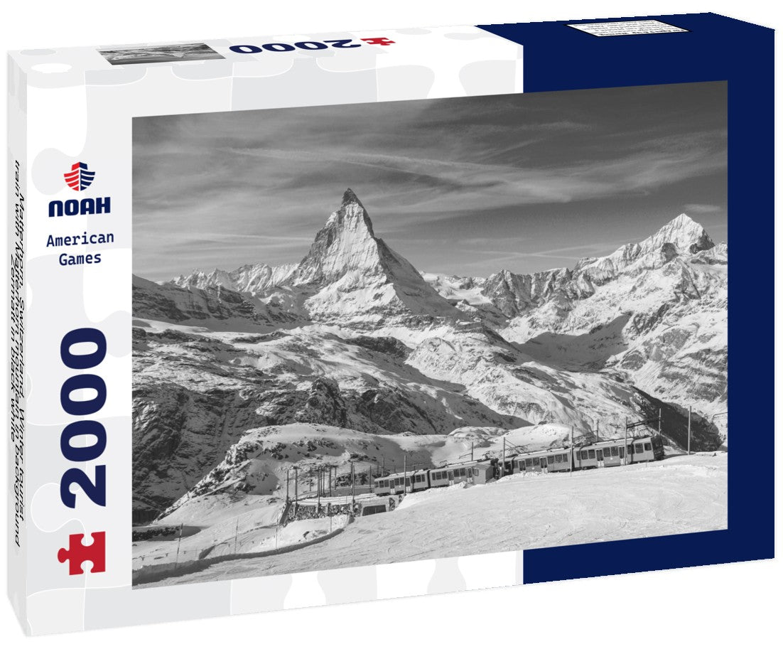 Noah Jigsaw Puzzle Matterhorn, Switzerland, Winter tourist train with Matterhorn mountain in background, Zermatt in black white 2000 pieces