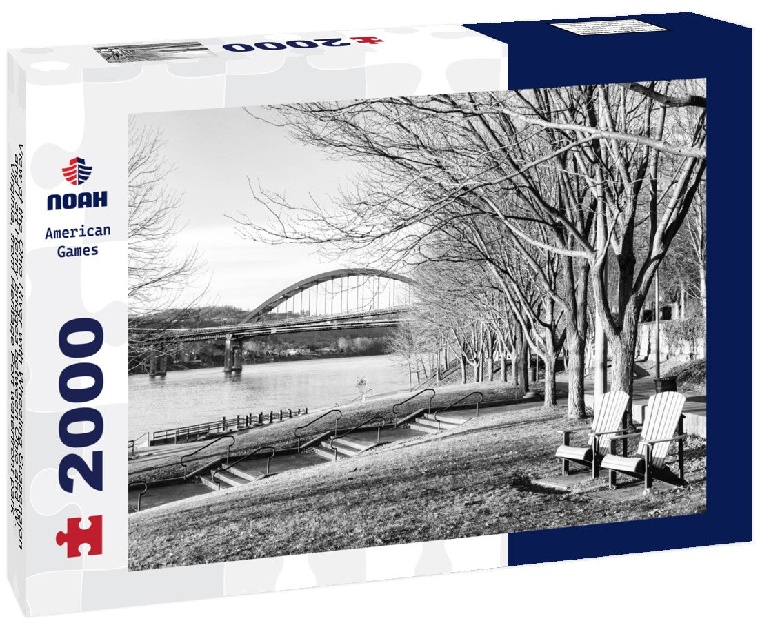 Noah Jigsaw Puzzle View of the Ohio River with Wheeling Suspension and Fort Henry bridges between Ohio and W. Virginia, from Heritage Port waterfront park, Wheeling, West Virginia in black white 2000 pieces