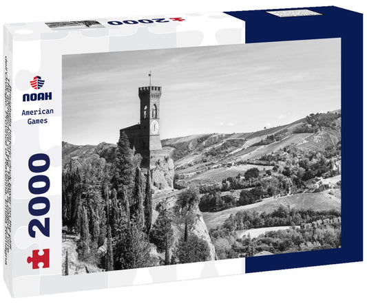 Noah Jigsaw Puzzle Brisighella historic clock tower on the cliff. The architecture of the 1800s is called Torre dell'Orologio. Province of Ravenna, Emilia Romagna region, Italy in black white 2000 pieces