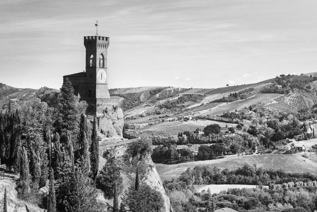 Noah Jigsaw Puzzle Brisighella historic clock tower on the cliff. The architecture of the 1800s is called Torre dell'Orologio. Province of Ravenna, Emilia Romagna region, Italy in black white 2000 pieces