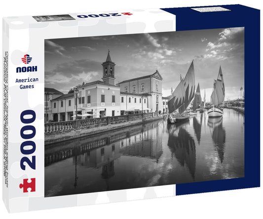 Noah Jigsaw Puzzle Cesenatico Canal, historic wooden sailing boats and church at sunset. Region Emilia Romagna, Province Forlì Cesena, Italy in black white 2000 pieces